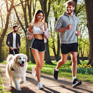 junger mann junge frau hund fitness jogging im park